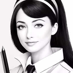 a woman wearing a tie holding a pencil and wearing a ponytail