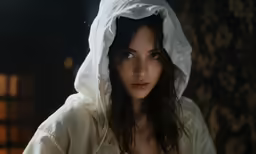 a young woman wearing a white hooded jacket looking at the camera