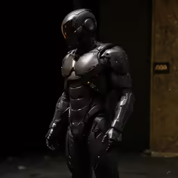 the costumed man in the sci - fi movie suits stands outside the entrance