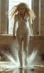 a woman is dressed in all white and walking in the water