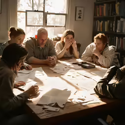 a group of people sitting around a wooden table