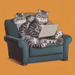 two cats sitting on a chair using a laptop computer
