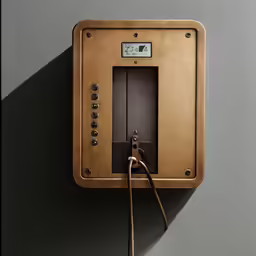 an old telephone with its handset mounted on the wall