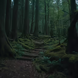 a path in the woods surrounded by mossy trees