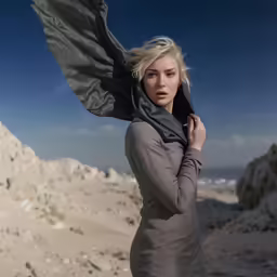 a beautiful blonde woman with an scarf around her neck
