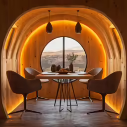 an arch in a building serves as a backdrop for a dining area