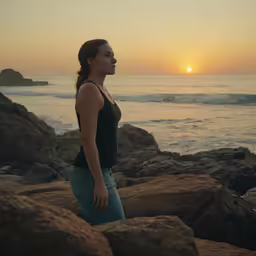 a woman standing on rocks with a sunset in the background