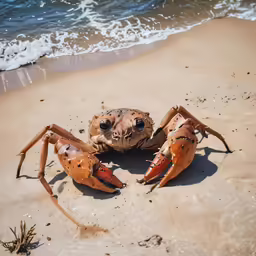 a crab covered in sand by the ocean