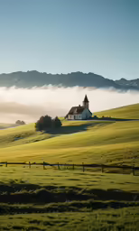 two sheep graze on grass near a church with an overcast sky