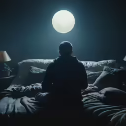 a person sitting in the dark looking at the moon