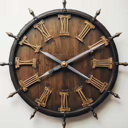 a wooden clock with metal hands and roman numerals