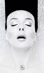 a woman in white with silver glitter covering her face