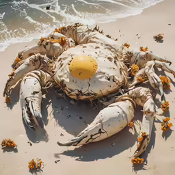 the crab shell lies on a beach near the ocean