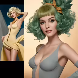 a beautiful woman with green hair and a very sexy outfit