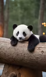 a panda bear is laying down on a log