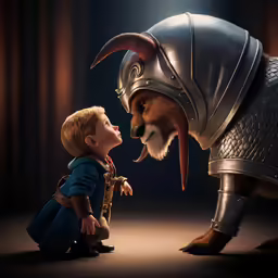 a small child is trying to kiss a cartoon character