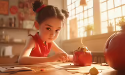 a little girl sitting at a table lighting candles