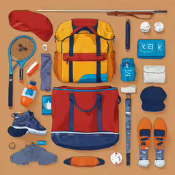 items for hiking laid out in a flat lay,a collection of sports items laid out for an image