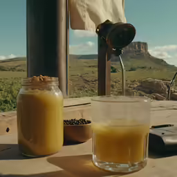 a jar of yellow liquid next to a jar of food