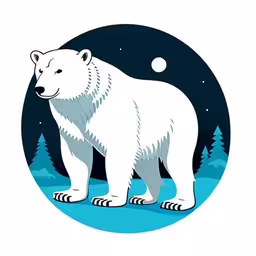 a polar bear in front of the moon and trees,a bear with a white fur stands in the snow,a bear that is standing in the snow,polar bear and trees are in the background,the illustration of a bear stands in the middle of a forest