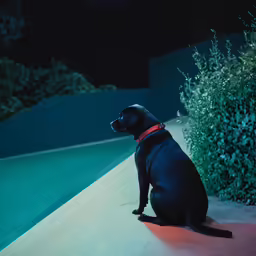 a dog is sitting on the ground looking up