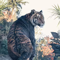 a large tiger sitting on a rock next to trees