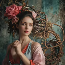 a woman in a dress is posing by a circular wreath with flowers on top