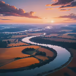 beautiful scenery of countryside and river at sunset