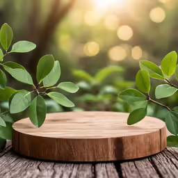 leaves on top of a wooden surface over a forest