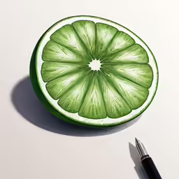 a lime slice cut in half on a white surface with a pen