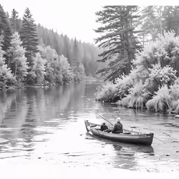 a man and woman in a small canoe floating down a river near many trees