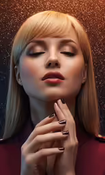 a woman wearing a red coat with her hands near her face