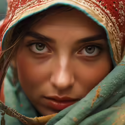 a woman in a green shawl holding a small bird