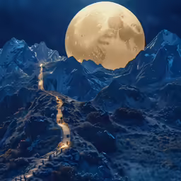 the full moon is shining over the snowy mountain peaks