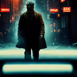 the man in the black coat is walking down the street