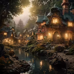 a fantasy village is lit up and surrounded by rocks and woods