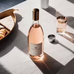a bottle of wine and some snacks on a table