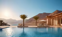 a view of the pool, palm trees, mountains and a glass window