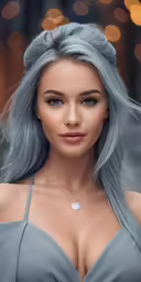 a model with light grey hair and blue eyes