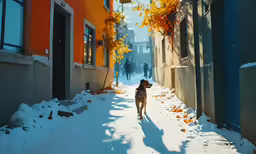 a dog in a neighborhood has snow on it
