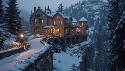 a house is shown lit up in the dark on a snowy day