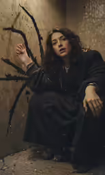 a girl is sitting on the floor next to a plant