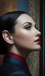 the woman is wearing her earrings with a dress jacket
