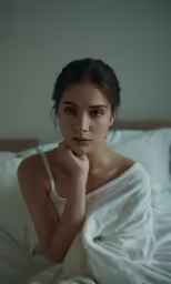 a young woman laying in bed under a blanket