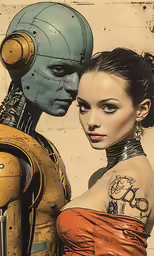 a poster featuring a woman and robot next to each other