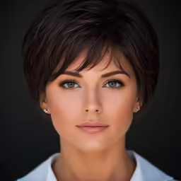 a young woman with a short haircut and pearl earrings