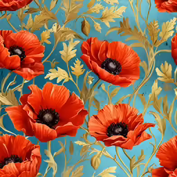 red poppys and green leaves painted on a blue background