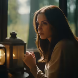 the woman in a brown sweater looks out a window at the light