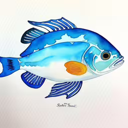 a watercolor painting of a blue and orange fish,a picture of a blue and yellow fish,a blue and yellow fish on white paper,watercolour painting of a blue fish in full color,a blue fish with orange spots is on the white paper