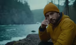 a man sitting on rocks near a body of water in a yellow coat
